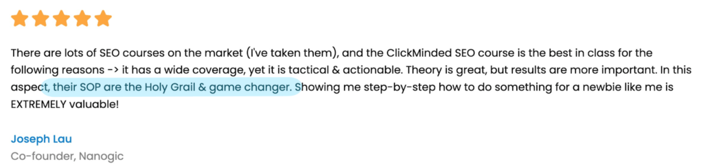 Customer review praising ClickMinded's SOP library