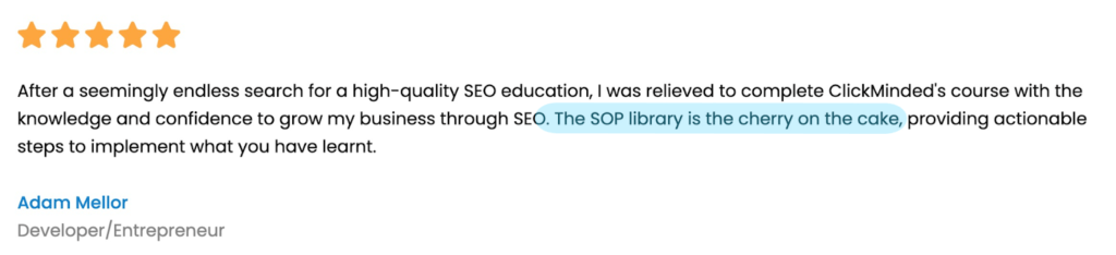 Customer review describing ClickMinded as the best SOP library