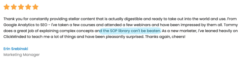 Customer review recommending ClickMinded's SOPs