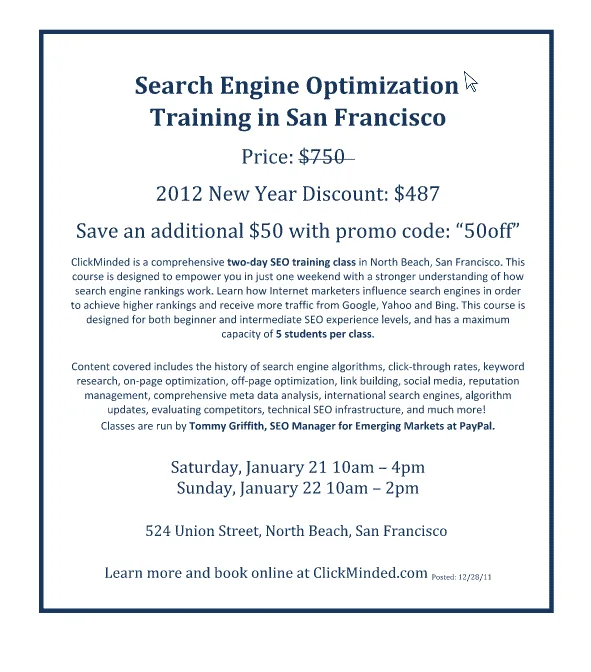 An early ClickMinded SEO class flyer with tear-off tabs