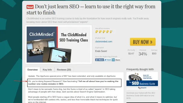 AppSumo's ClickMinded offer featuring a condescending Wonka meme